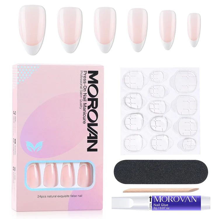 24PCS Fake Nails 14 Sizes Pink/White French Style Press On Nails Kit