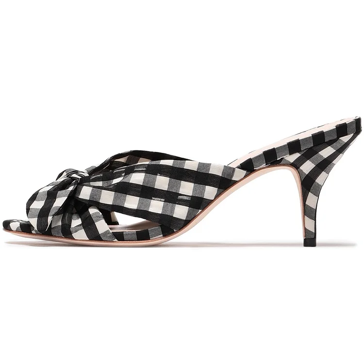 Black and White Plaid Bow Stiletto Mules Vdcoo