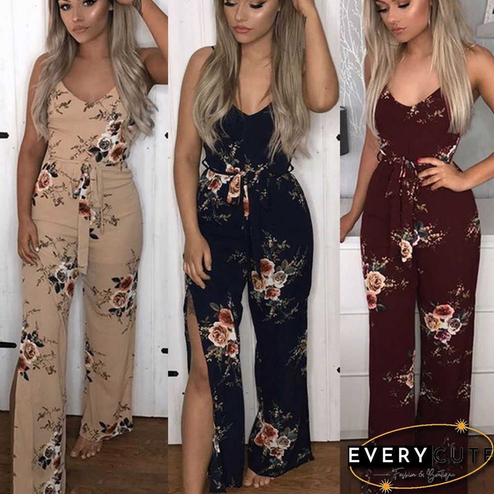 Deep V Neck Casual Jumpsuits Rompers Floral Jumpsuits for Women Sleeveless pantalon femme