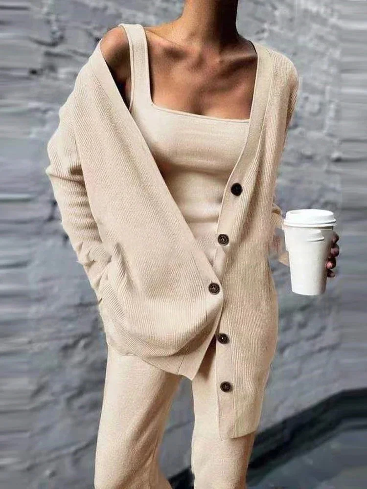 Huiketi Women Solid Knitted 3 Pices Set Cardigan Tops Tank Top And Casual Loose Long Pants Chic Suit Tracksuit 2024 Fall Winter