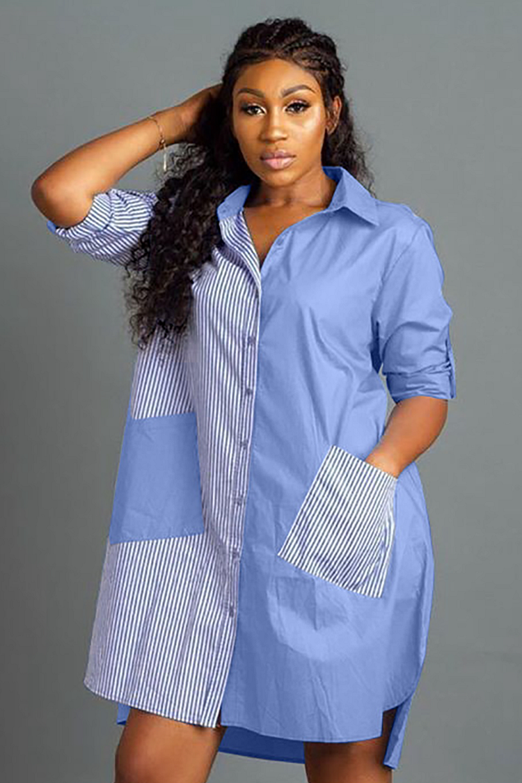 Striped Patchwork Button Pocket Loose Fit Asymmetric Blouse Mini Dresses-Blue