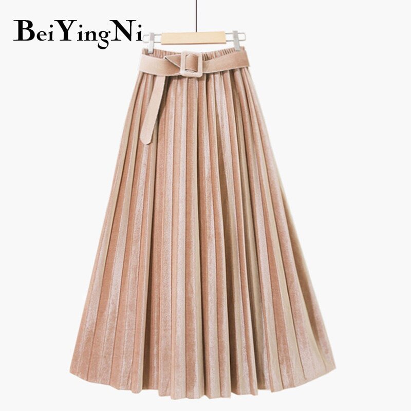 Beiyingni Autumn Winter Skirt Women With Belt Long Metallic Silver Maxi Pleated Skirt Midi High Waist Fashion Vintage Saia Party
