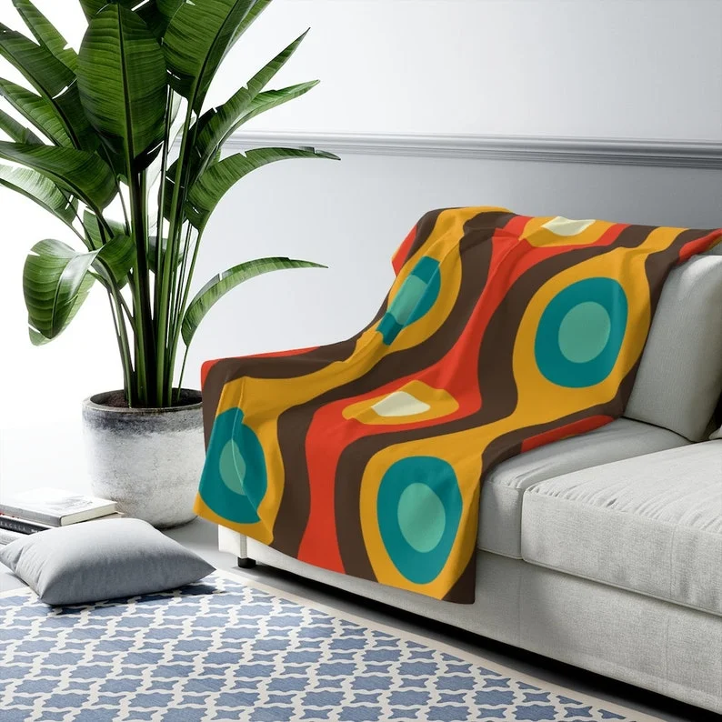 Retro Groovy Mid Modern Brown, Yellow, Teal, Turquoise MCM Home Sherpa Fleece Blanket