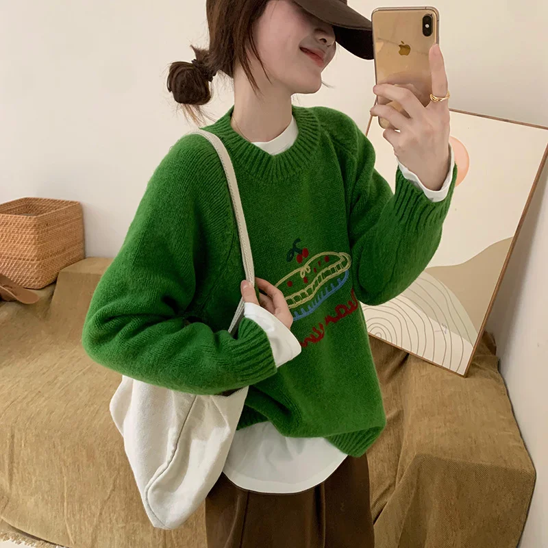 Churchf Knit Sweater Female Autumn Winter New Candy Color Round Collar Loose Joker Coat College Wind Sweater