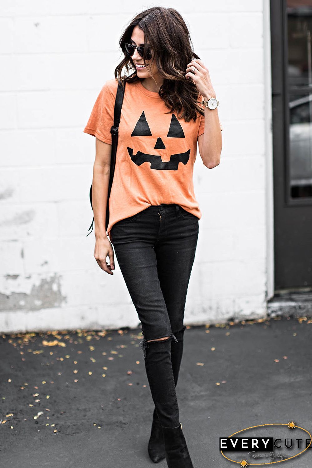 Round Neck Short Sleeve Pumpkin Pattern Orange T-shirt