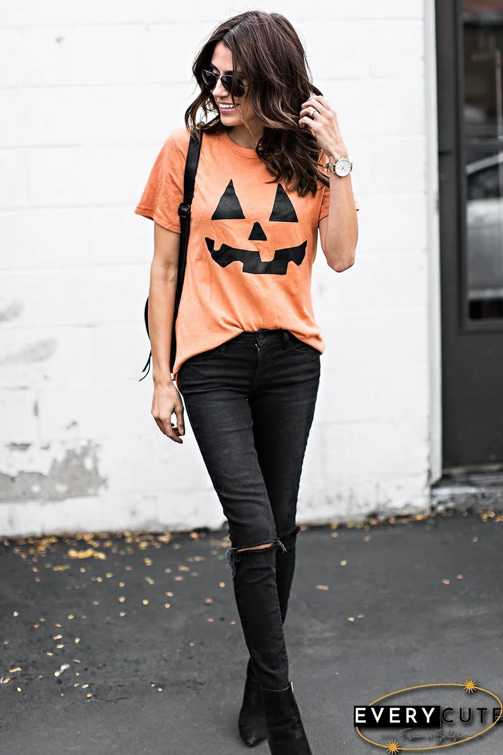 Round Neck Short Sleeve Pumpkin Pattern Orange T-shirt
