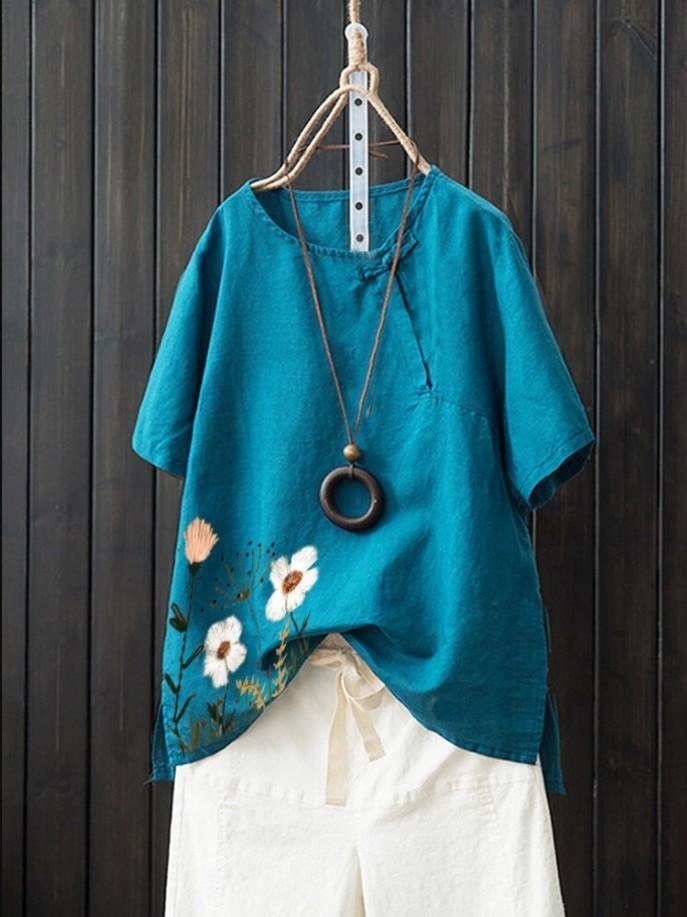 Short Sleeve Printed Cotton Blended Linen Shirt