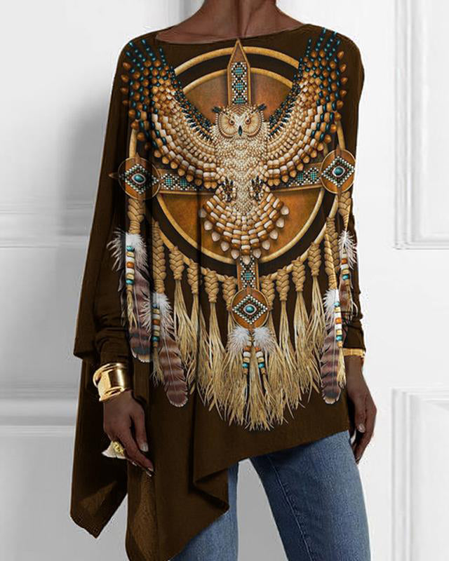 Tribal Eagle Print Long Sleeve Loose Hem Top