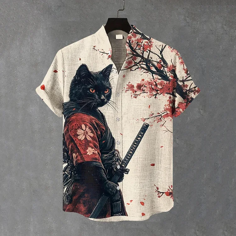 Men's Retro Black Cat Samurai Japanese Art Casual Short Sleeve Shirts