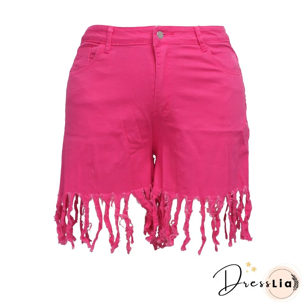 Plus Size Solid Color Autumn Fashion Women's Streetwear High Waist Tassel Jeans Denim Shorts