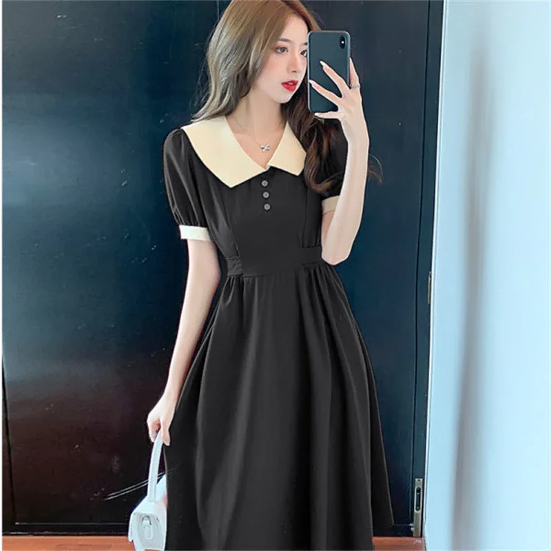 Jangj Summer New Lady Short-sleeved Dress Waist Slim Elegant Fashion Long Dress French Style Stitching Peter Pan Collar Dress