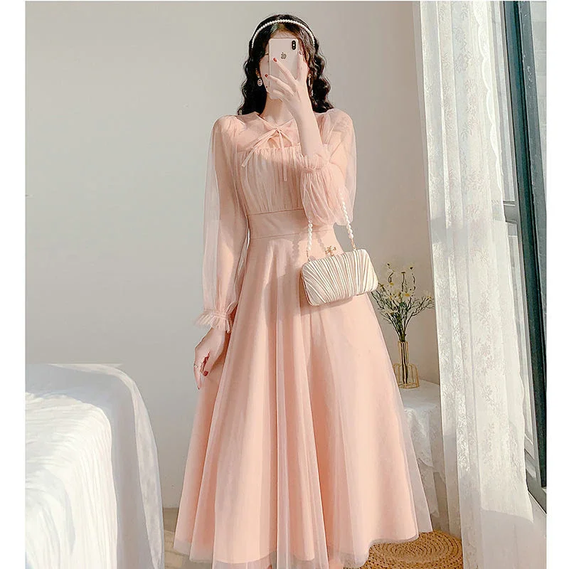 Jangj Style O-neck Gauze Long Sleeved Dress Empire Solid Color Elegant Graceful Chiffon Thin A-line Skirt Women's Clothing 2022