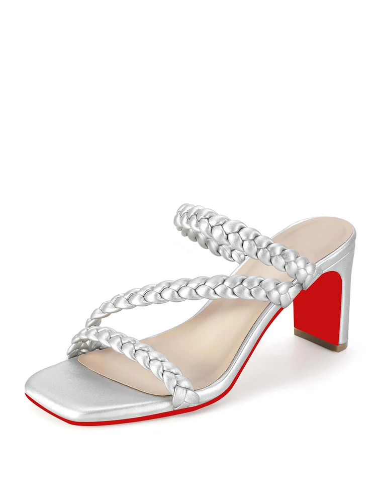 75mm Women's Strappy Heels Braided Chunky Block Low Square Toe Dress Shoes Wedding Prom Evening Dressy Comfortable Trendy Slip On Heeled Sandals Mules Slide Ladies  Red Bottom Pumps