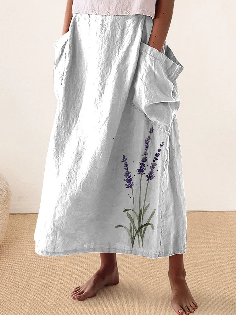 Watercolor Lavender Floral Printed Women's Linen Pocket Skirt