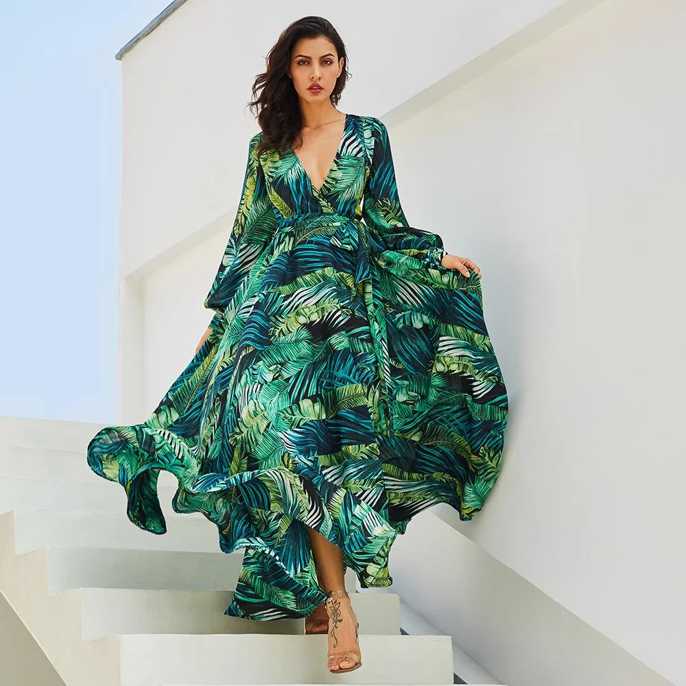 Lantern Sleeve V-neck Green Leaf Print Big Swing Dress
