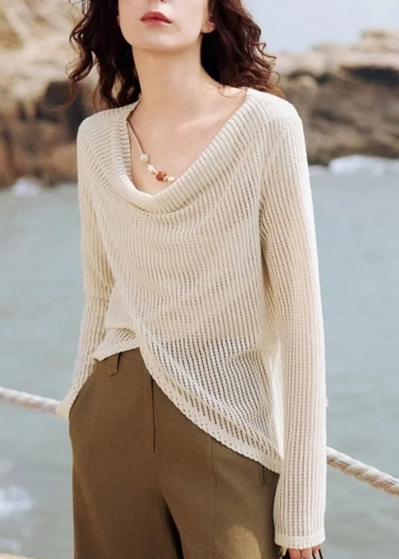 Handmade Beige Asymmetrical Ice Silk Knit Shirt Spring