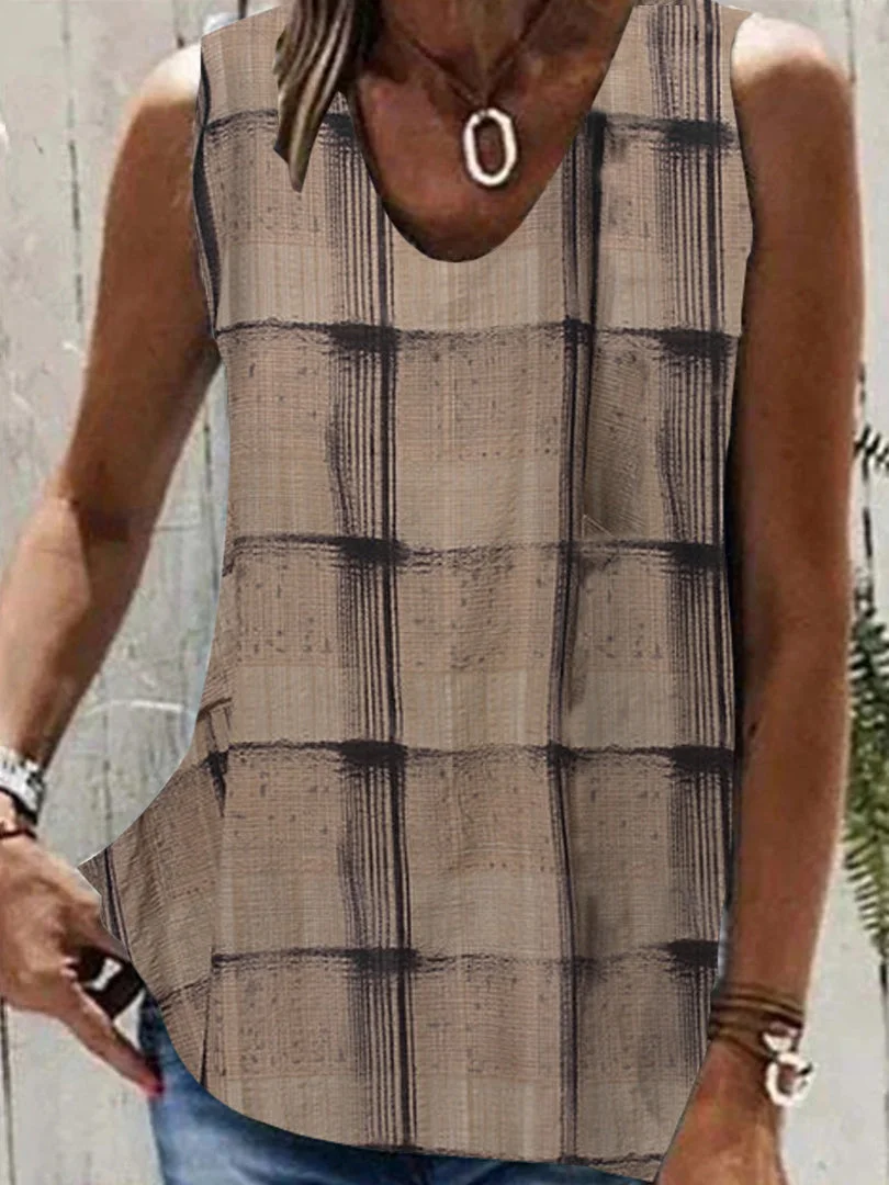 Women's Khaki V-neck Sleeveless Plaid Print Top