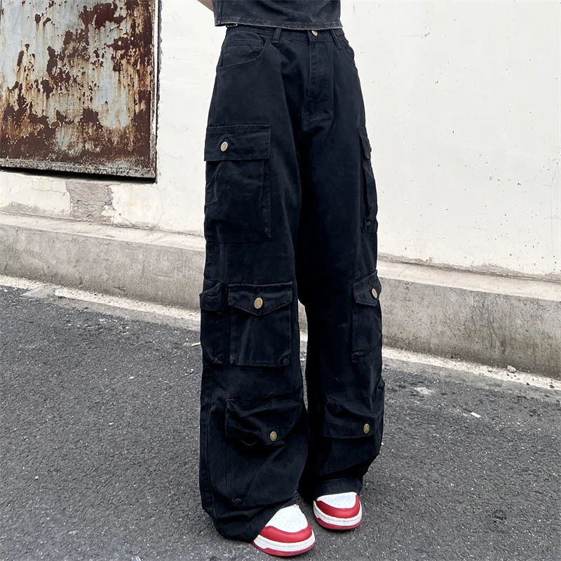 Qjong Harajuku Retro Beige Cargo Pants Women Y2K Vintage Pockets Wide Leg Trousers Oversized Hip Hop Streetwear Techwear Bottom