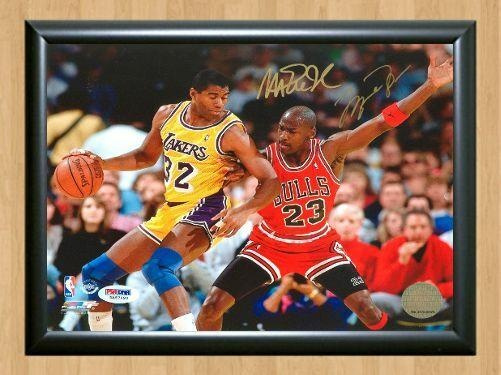 Michael Jordan vs Magic Johnson Signed Autographed Photo Poster painting Poster Print Memorabilia A4 Size