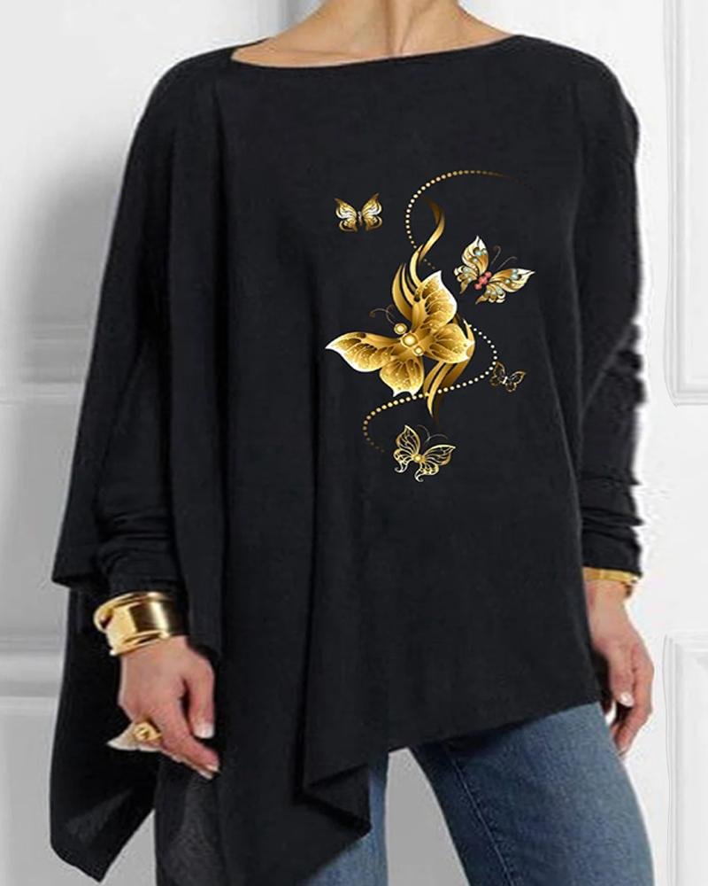 Women's Butterfly Print Round Neck Long Sleeve Top