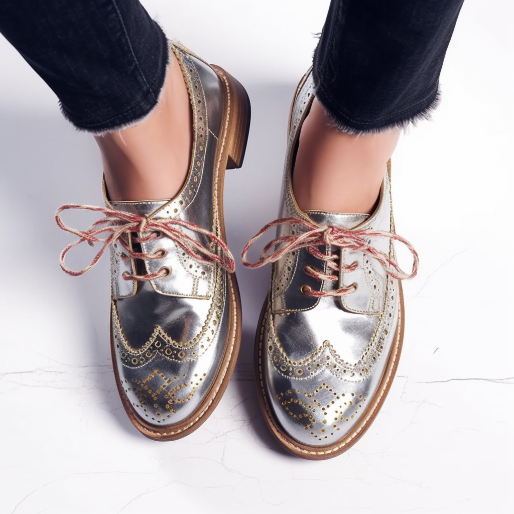 Silver Metallic Round Toe Lace Up Block Heel Oxford Shoes for Women Nicepairs