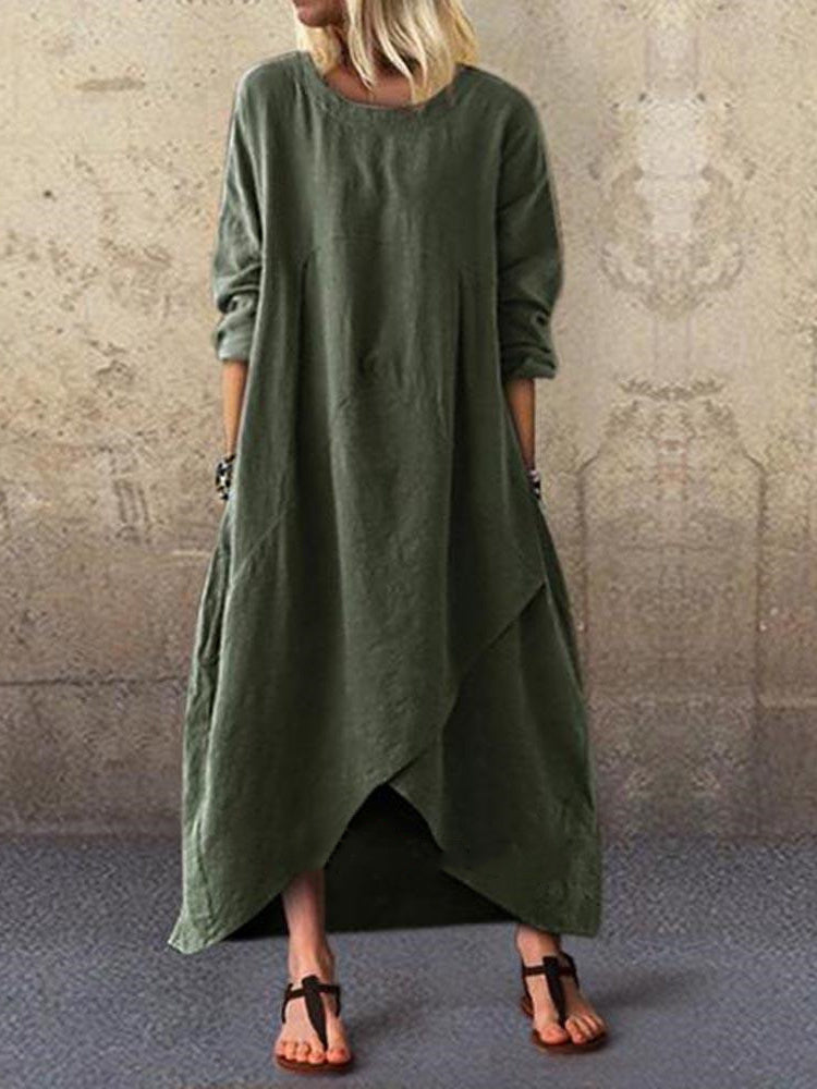 Women's Long Sleeve Scoop Neck Pockets Midi Dress