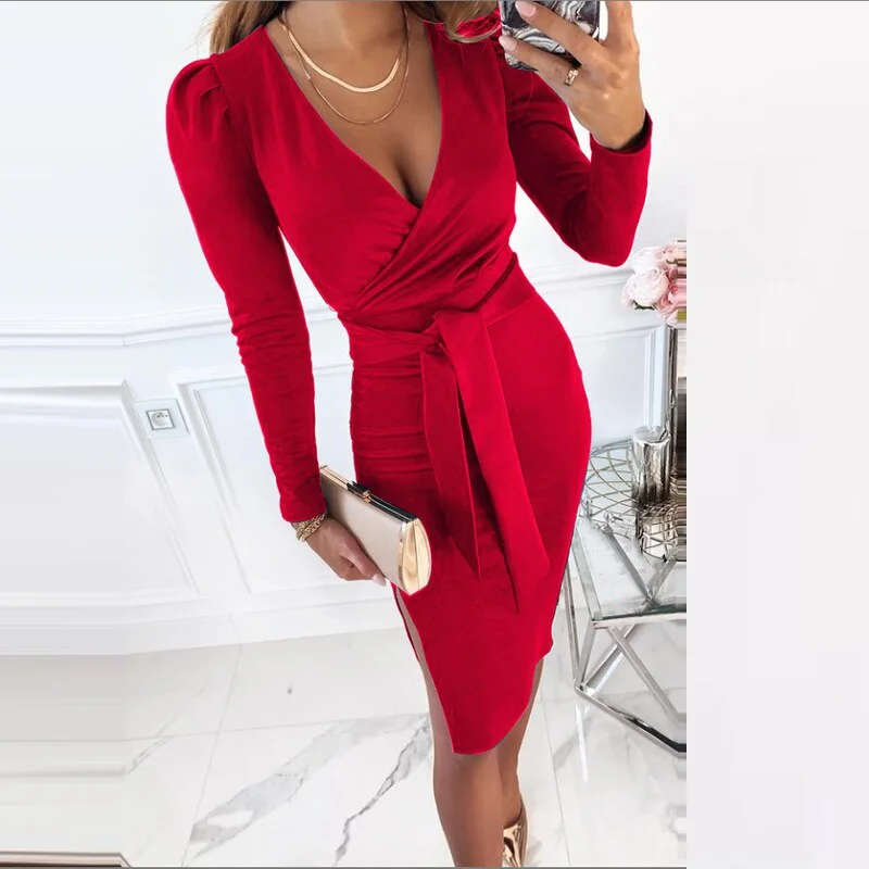 Elegant Long Sleeve V-Neck Women Party Dress Autumn Sexy Sashes Slit Mid Dress For Lady Vintage Femme Bodycon Ball Dress Vestido