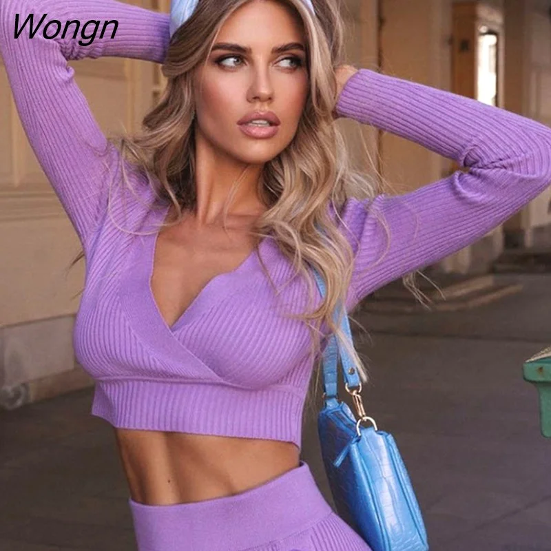 Wongn Knitted Solid Dress Sets 2 Piece Elegant Women's Set Fashion Sexy Crop Top and Split Penci Skirt Sets Ladies Outfits