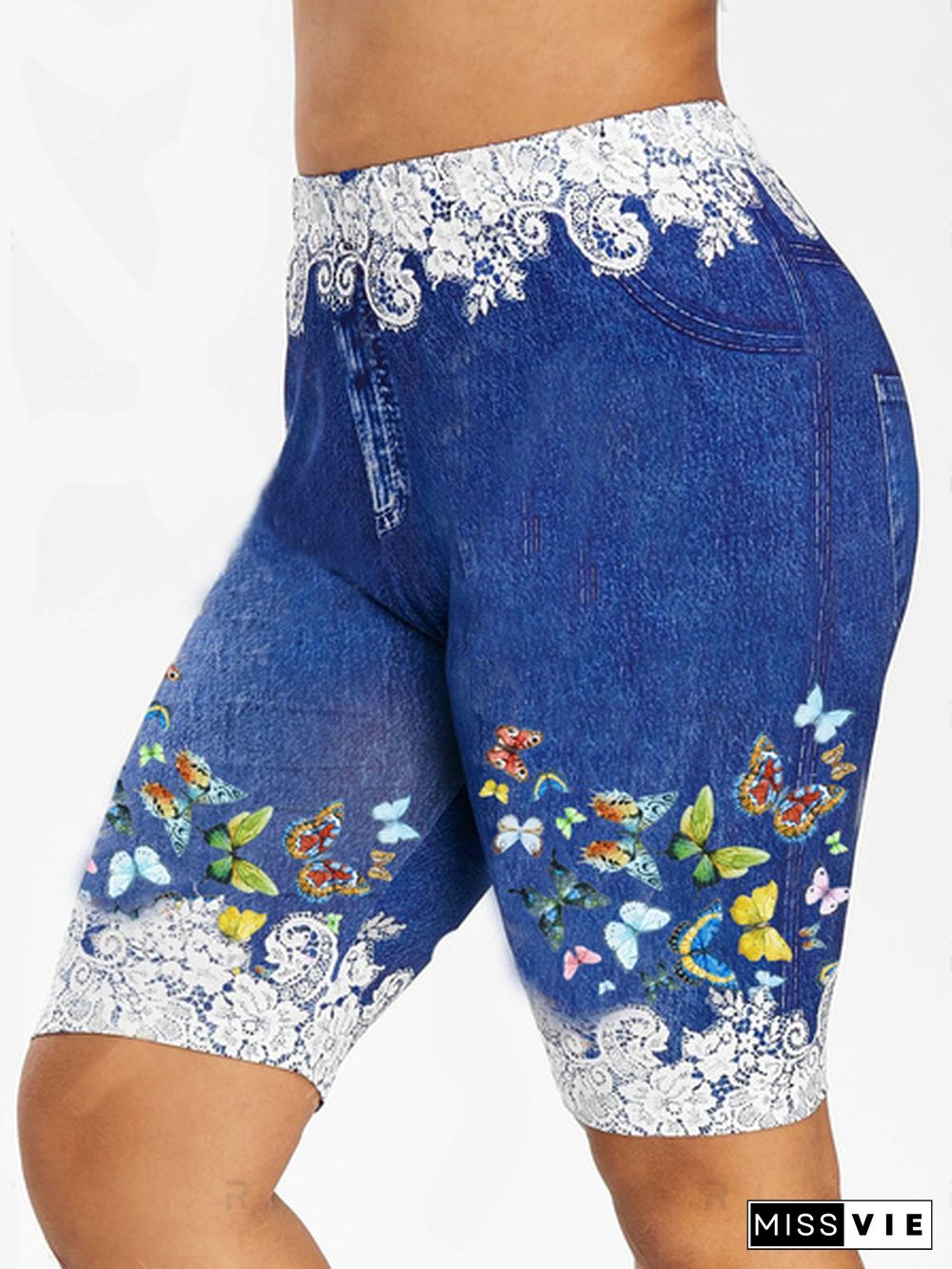 5 Colors Hot NEW Women's Fashion Plus Size Denim Leggings Summer Butterfly Printed Fitted Leggings Short Pants Plus Size S-5XL