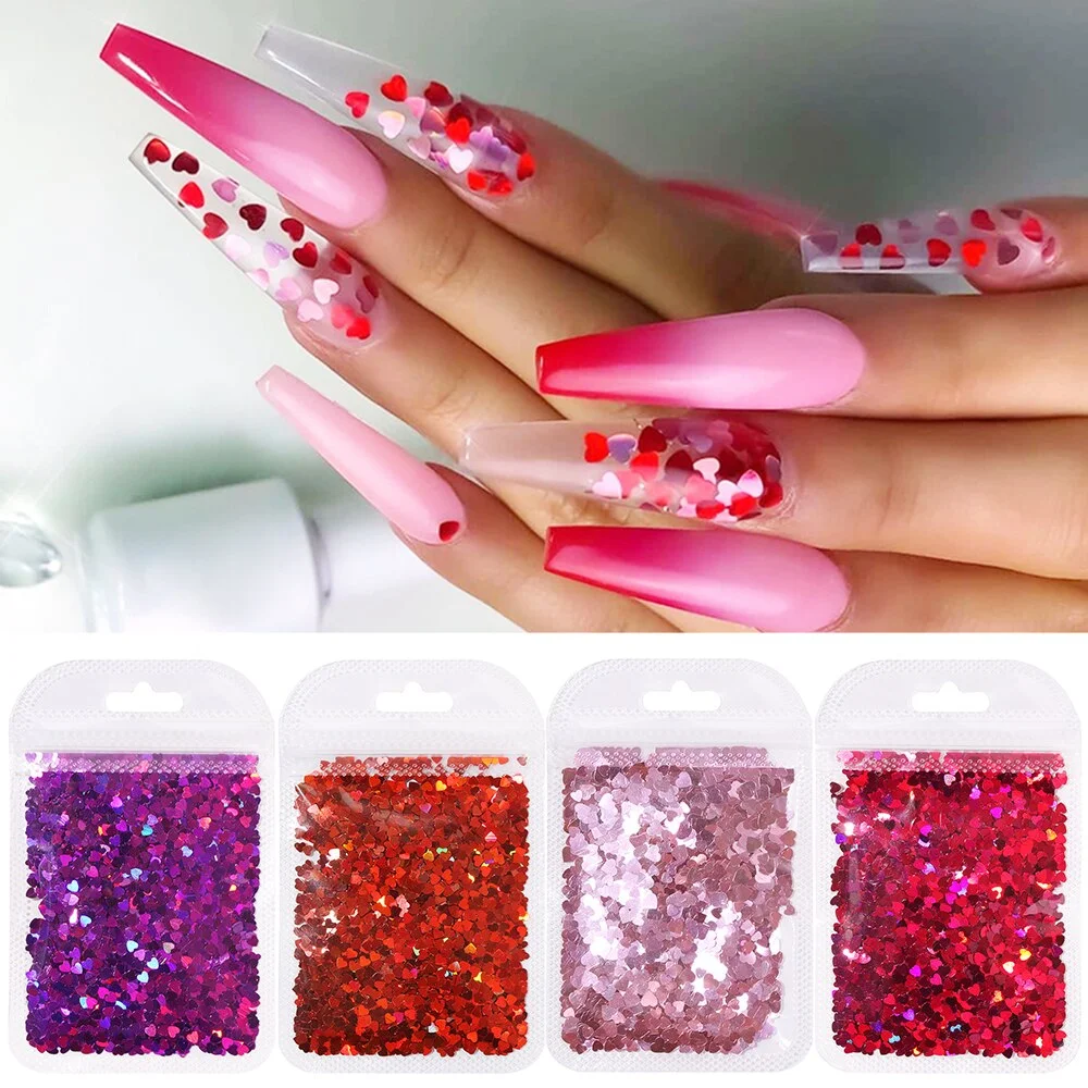 Love Heart Shape Laser Letter Flakes Sticker Nail Art Sequins Laser Mirror AB Flakes Paillette Slices Nail Valentine Designs