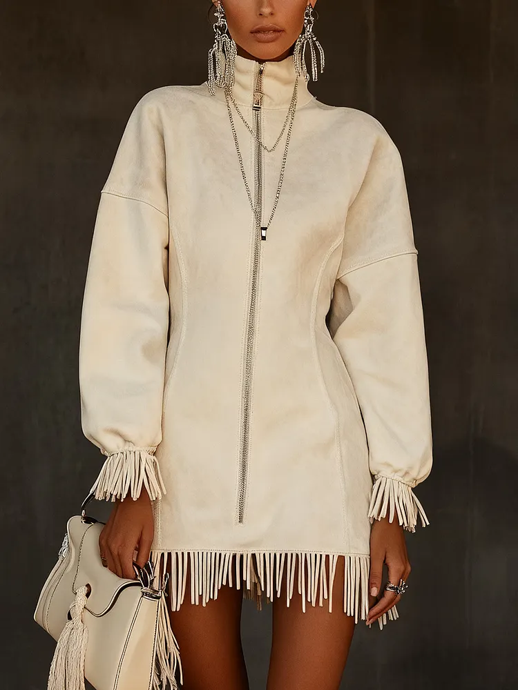 White Faux Suede Fringe Zip-Up Mini Dress