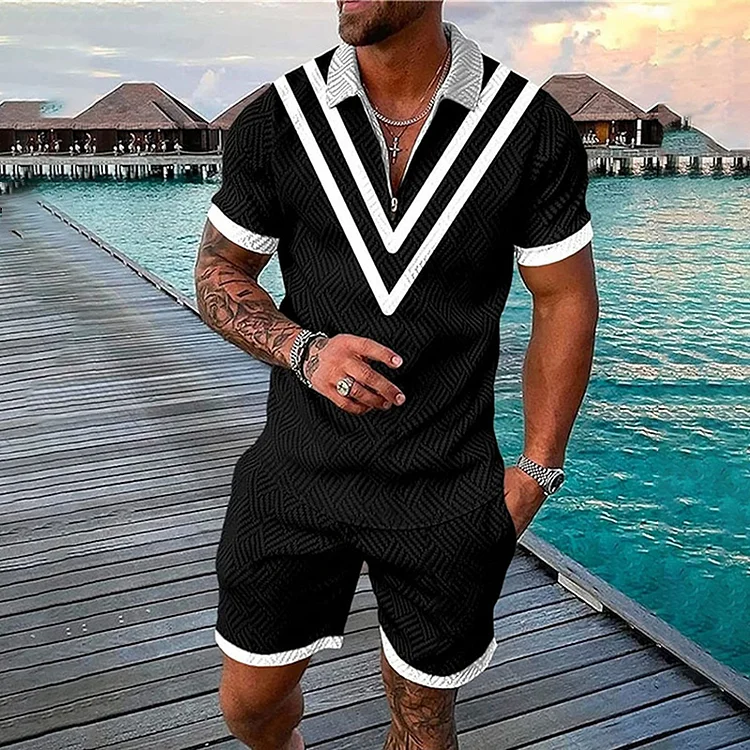 BrosWear Graphic Linear Geometry Short Sleeve Polo Shirt And Shorts Co-Ord