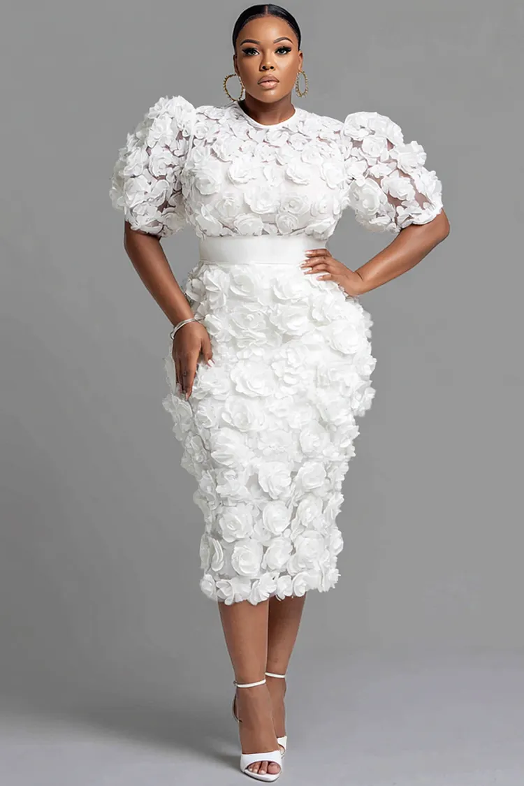 Xpluswear Design Plus Size Cocktail Party White Round Neck Short Sleeve 3D Bodycon Two Piece Skirt Sets [Pre-Order] 2024 - Xpluswear
