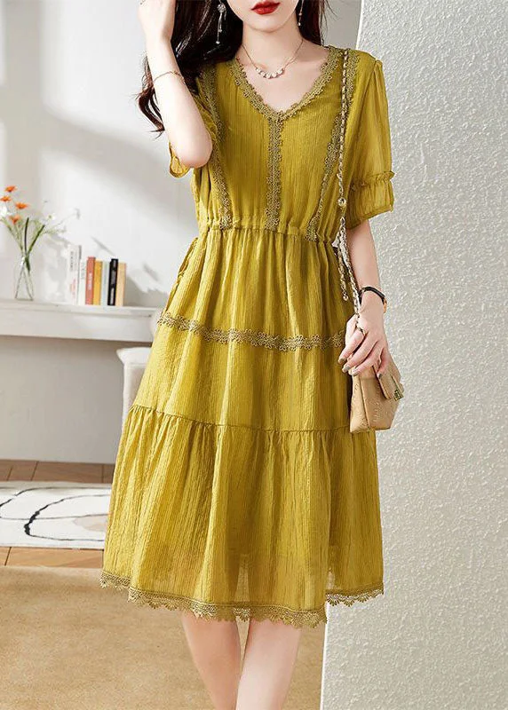 Unique Yellow V Neck Lace Patchwork Chiffon Dress Summer