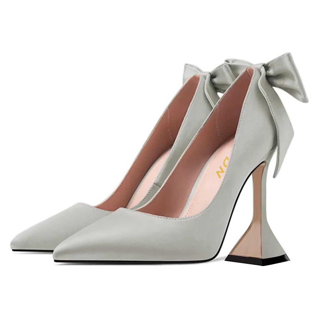 Grey Pointed Toe Back Bow Decor Pumps Shoes with Flared Heels