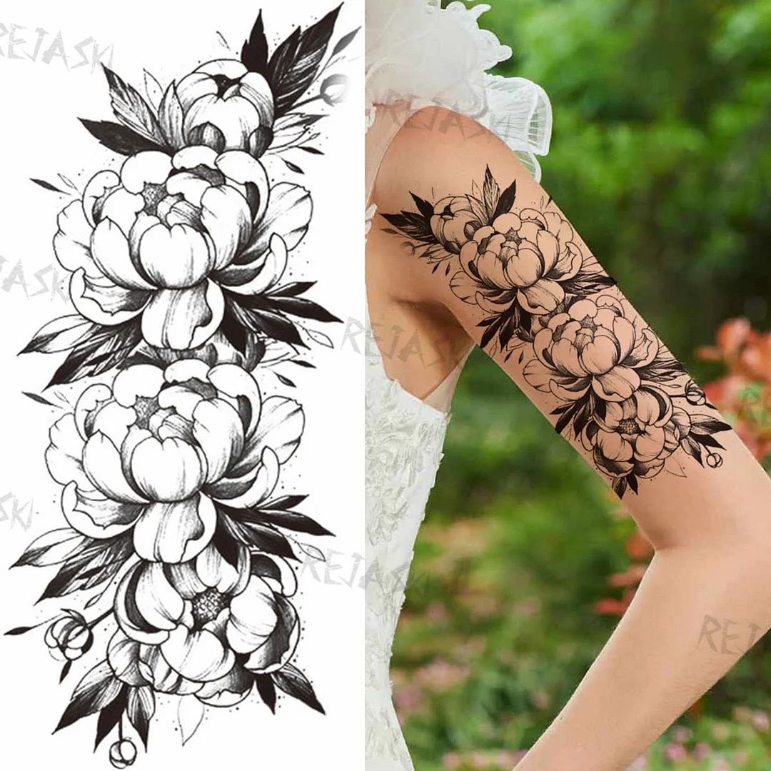 Sexy Snake Flower Fake Temporary Tattoo For Women Black Sunflower Tattoos Bloosom Big Daisy Camellia Water Transfer Tatoos Legs
