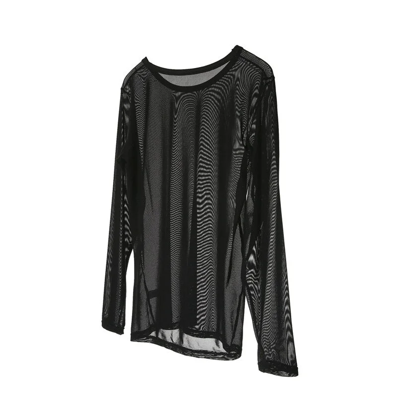 Men's Summer Bodybuilding Long Sleeve T-Shirt Male Sexy Sheer Mesh Tight Slim See-through O neck T-Shirt Tee Tops
