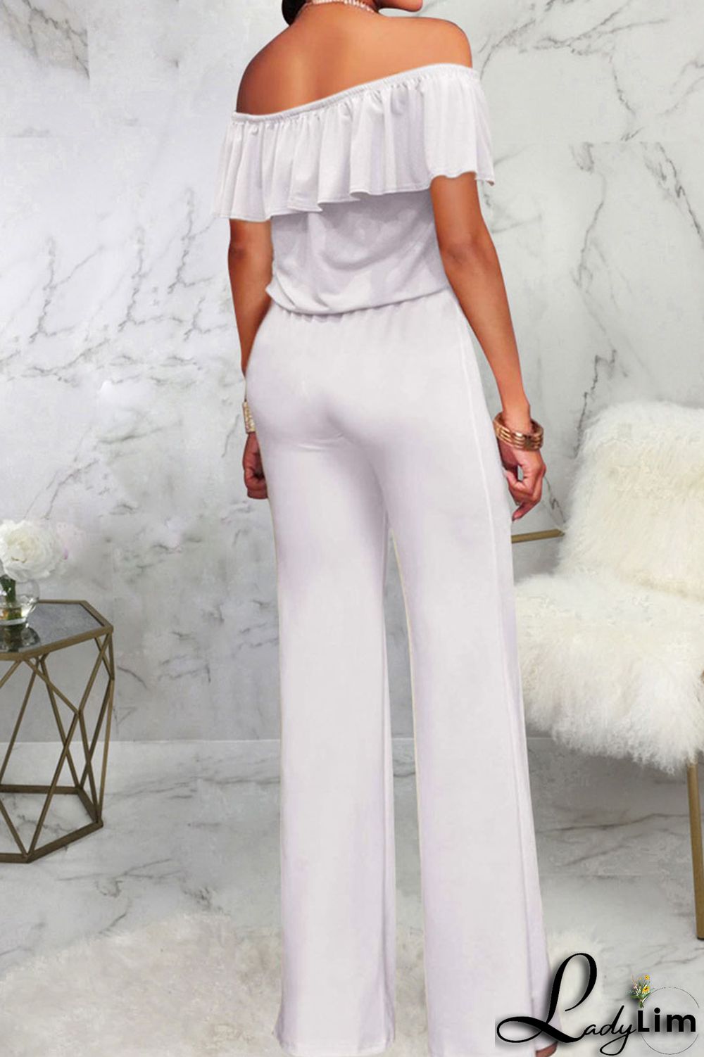 Grey Casual Solid Patchwork Flounce Off the Shoulder Straight Jumpsuits