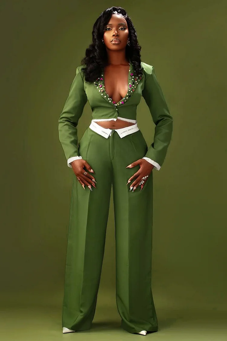 Beads Lapel Collar Blazer Contrast Waist Pants 2pcs Set-Green [Pre Order]