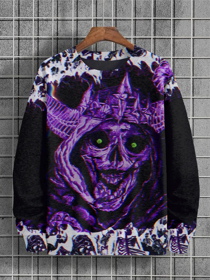 Men's Dark Art Horror Burning Skull Print Casual Sweatshirt
