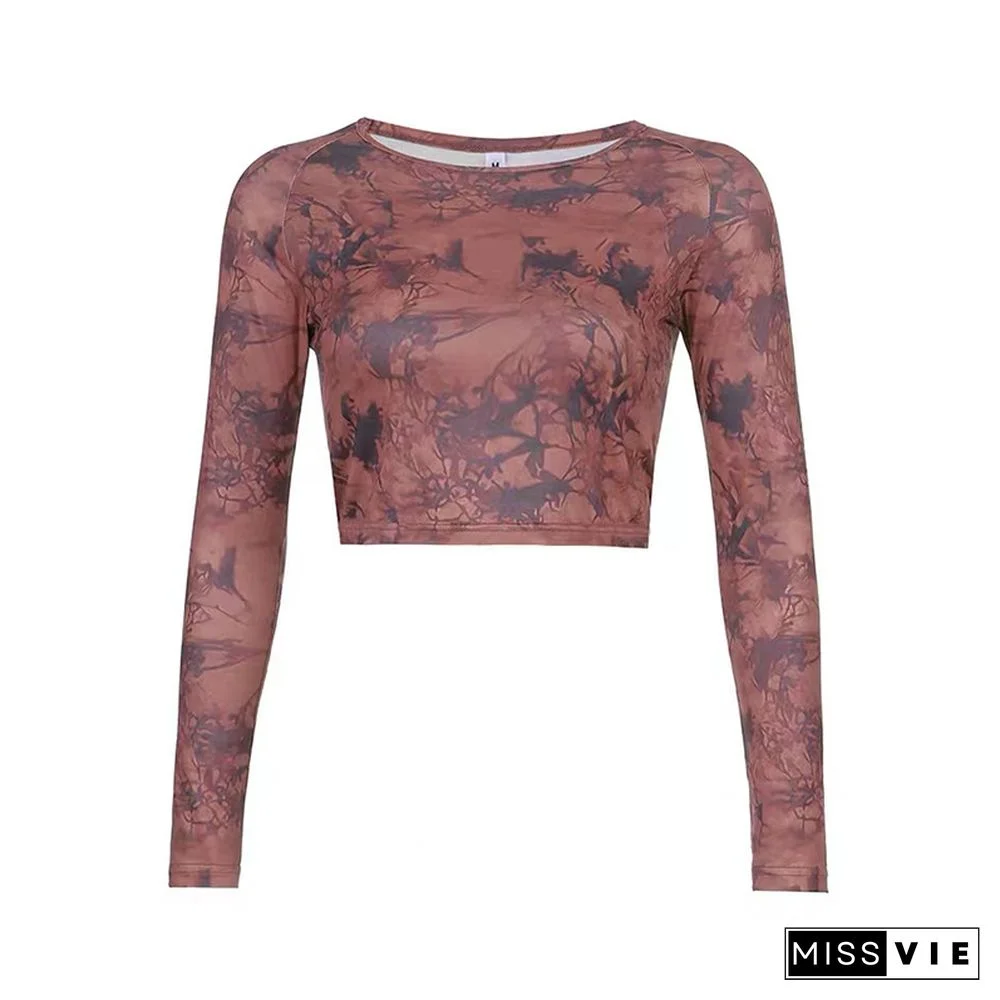 Goth Crop Tops Vintage Brown Tie-dye Printing Long Sleeve T-shirts Slim Pullover Dark Academia Punk Style Women Clothes