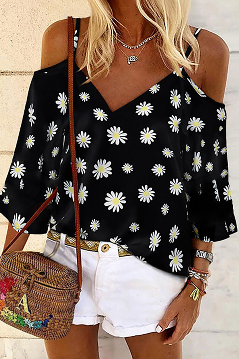 Casual Print Hollowed Out Split Joint V Neck Tops