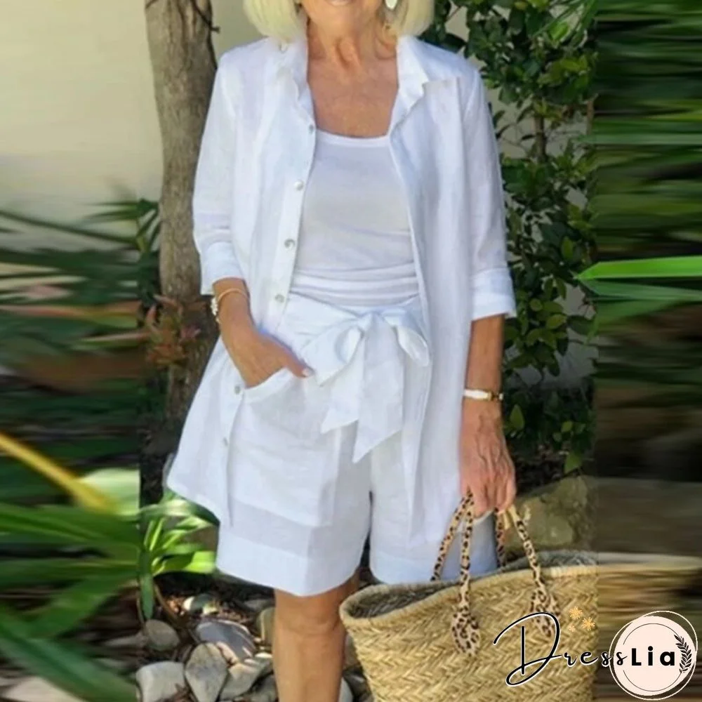 Cotton Linen Women 2Pcs Set Outfits Autumn Fashion Solid Loose  Casual Button Long Shirt Jacket+Straight Knee Shorts Suits Mujer