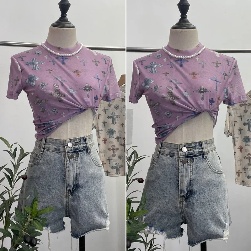 Nigikala Nigikala Shooting Retro Tie-Dye Double-Layer Mesh Half-High-Neck Short-Sleeved T-Shirt T-Shirt Short-Sleeved T-Shirted Woman 8833