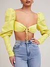 Solid Color Puff Sleeves Long Sleeve Backless T-Shirt Top