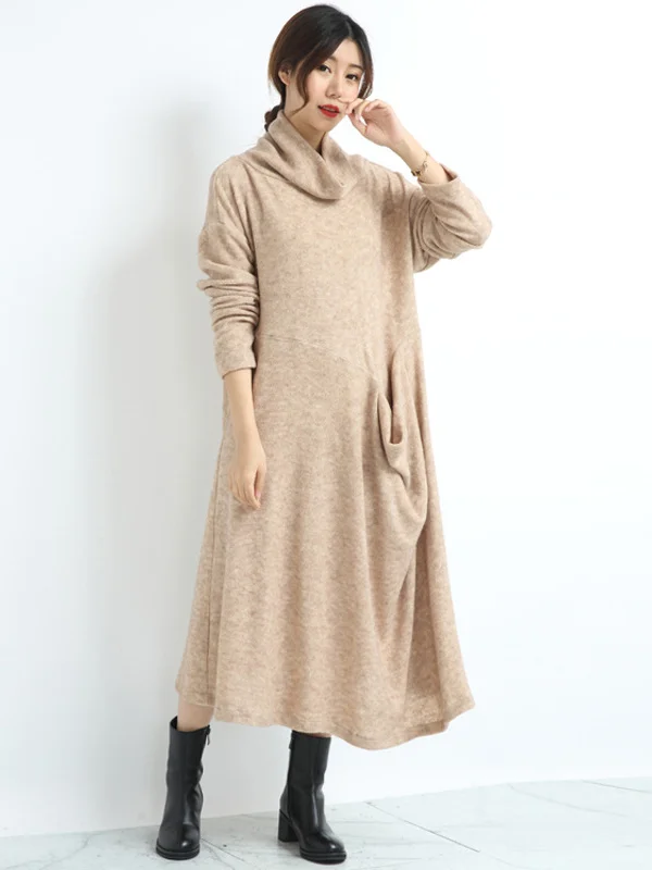 Casual Long Sleeves Loose Keep Warm Solid Color Heaps Collar Sweater Dresses