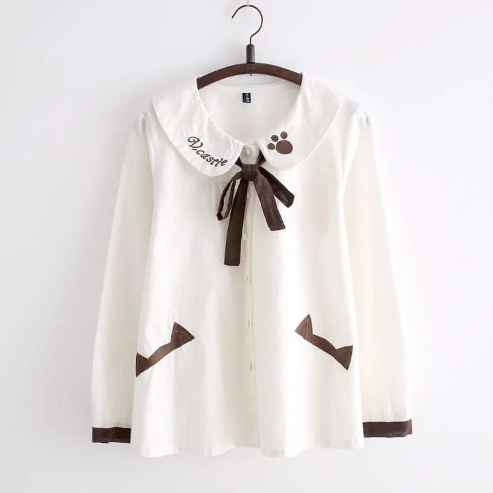 Mori Girl Kitty Pawl Embroidery Long Sleeve Shirt SP154026