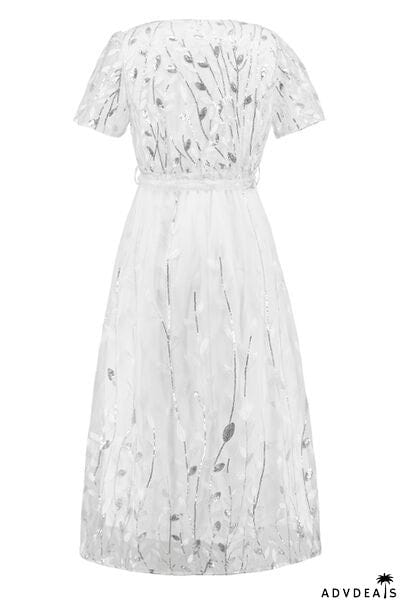 Sequin Leaf Embroidery Tie Front Short Sleeve Dress