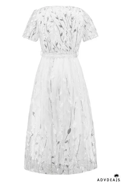 Sequin Leaf Embroidery Tie Front Short Sleeve Dress