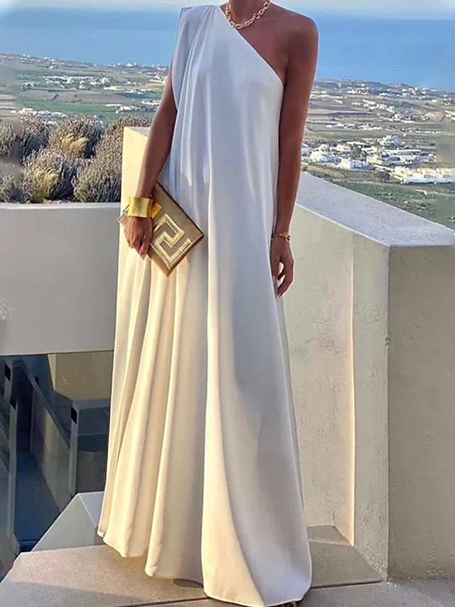 Women's Party Dress Black Dress White Dress Long Dress Maxi Dress Black White Green Sleeveless Pure Color Cold Shoulder Summer One Shoulder Fashion Vacation 2023 S M L XL